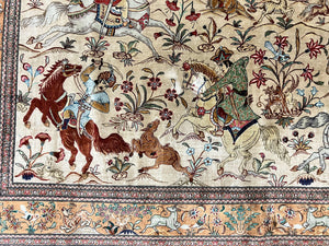 Silk Persian Qum Rug 3x5, Hunting Pattern, Handmade Vintage Carpet, Signed by Master Weaver, Horsemen Pictorials, Super Fine 650 KPSI