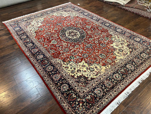 Fine Sino Persian Rug 7x10 ft, Floral Central Medallion Oriental Carpet, Red Navy Blue Cream, Hand Knotted Wool Traditional Vintage Rug