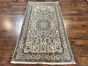 Persian Nain Rug 4x7, Floral Medallion Oriental Carpet 4 x 7 ft, Ivory Persian Rug, Handmade Hand Knotted Vintage, Wool & Silk Highlights, Birds