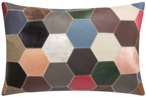 Multicolor Genuine Cowhide Leather Decorative Throw Pillow - Handmade Patchwork Hexagonal Design