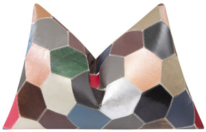 Multicolor Genuine Cowhide Leather Decorative Throw Pillow - Handmade Patchwork Hexagonal Design