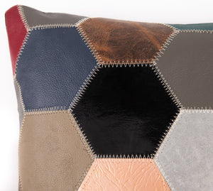 Multicolor Genuine Cowhide Leather Decorative Throw Pillow - Handmade Patchwork Hexagonal Design