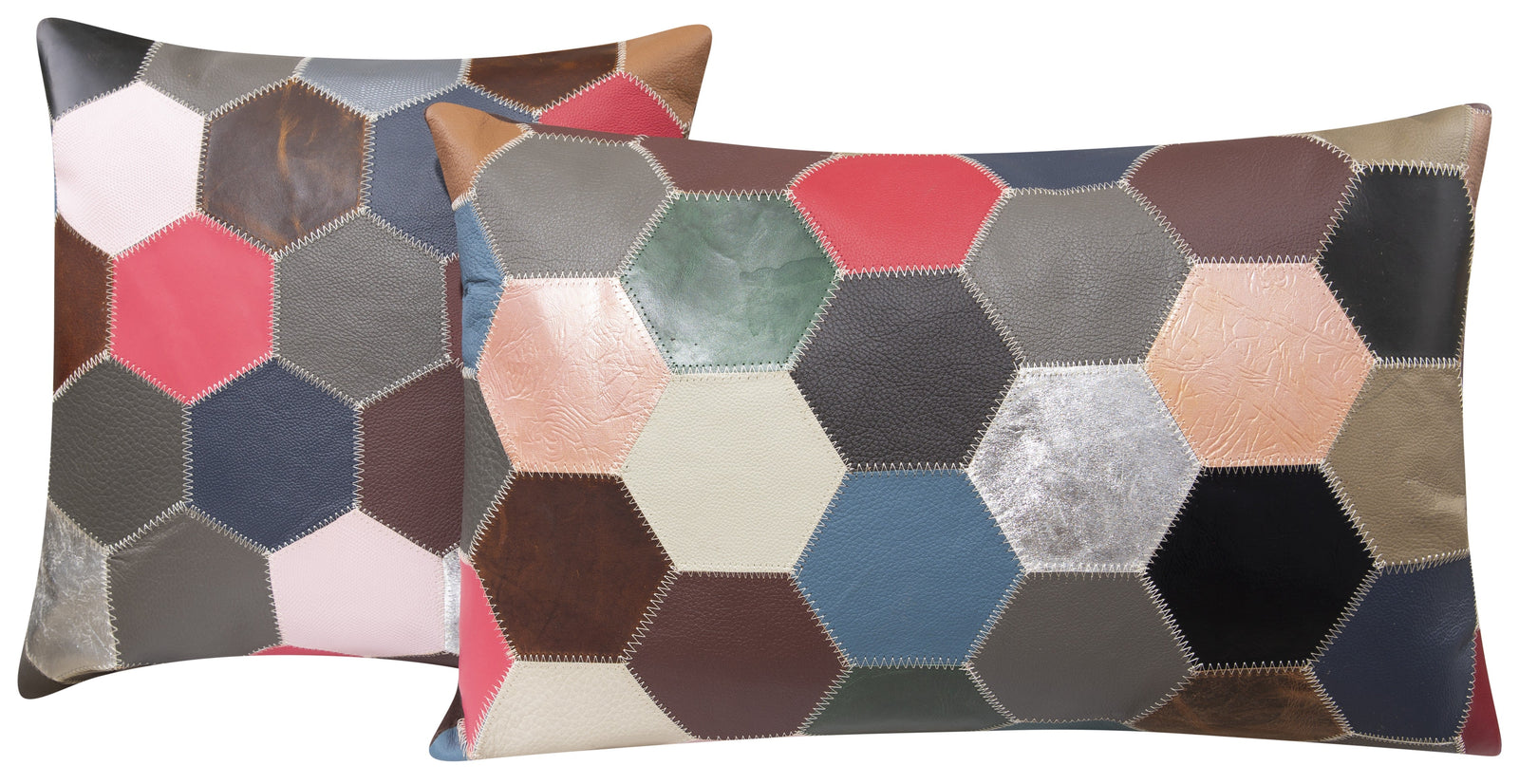 Multicolor Genuine Cowhide Leather Decorative Throw Pillow - Handmade Patchwork Hexagonal Design