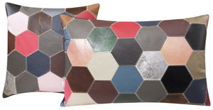 Multicolor Genuine Cowhide Leather Decorative Throw Pillow - Handmade Patchwork Hexagonal Design