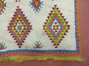 Moroccan Wide Runner Rug 3' 6" x 9', Vintage Azilal Berber Carpet Tribal Runner, Colorful Diamonds Ivory Orange Yellow, Soft Wool Handmade