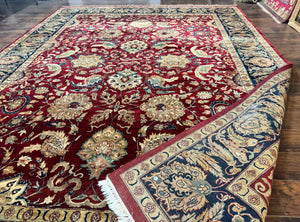 Indo Persian Rug 10x14, Indian Agra Carpet, Vintage Handmade Wool Large Traditional Rug, Dark Red Navy Blue Beige