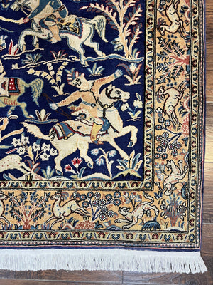 Persian Qum Hunting Design Rug 4x5, Wool Hand Knotted Vintage Oriental Carpet, Navy Blue & Mustard, Horsemen Animal Pictorials, Rare