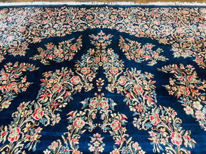 Antique Persian Kerman Rug 10x13, Navy Blue Floral Carpet, Fine 270 KPSI