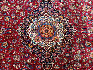 Large Persian Kashan Rug 11x14, Traditional Persian Carpet, Wool, Fine 250 KPSI, Red Navy Blue