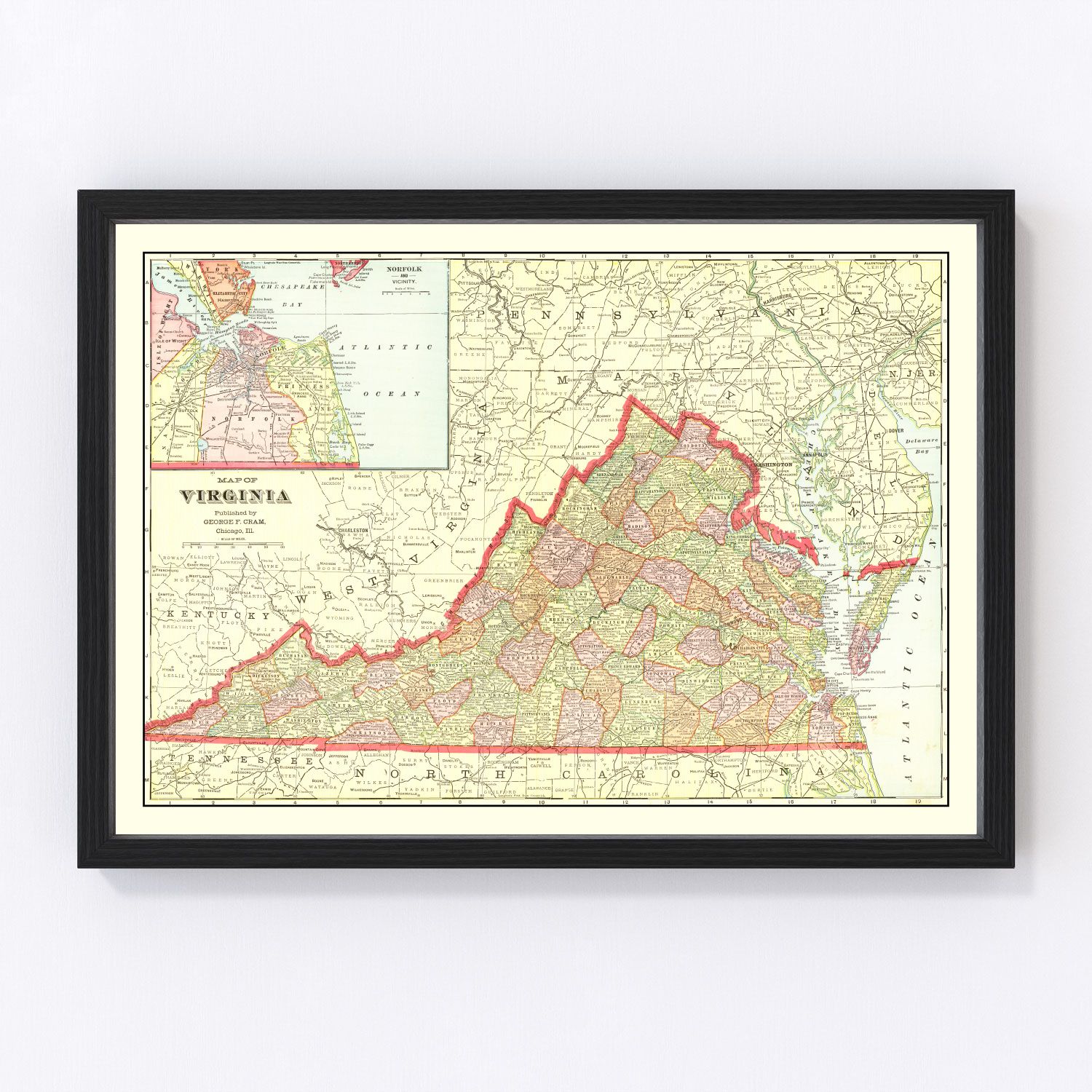 Vintage Map of Virginia 1908