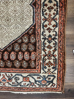 Rare Persian Tribal Runner Rug 3.5 x 10, Sarab Serab Kalegy Carpet, Antique 1920s Collectible Geometric Medallion Oriental Wool Runner, Hand Knotted, Camel Hair Color