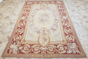 Aubusson Rug 6x9, Elegant Flatweave Rug, Aubusson Savonnerie 6 x 9 Flatweave Area Rug, Cream and Red, Wool Hand Woven Carpet, Medium Size