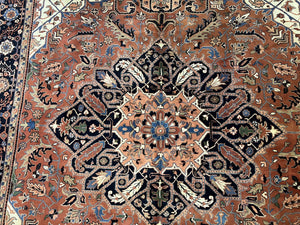 Indo Persian Heriz Rug 9x12, Geometric Medallion, Vintage Oriental Carpet, Handmade Room Sized Wool Heriz Serapi Rug, Red Navy Blue Cream