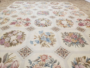 Needlepoint Rug 10x13 Vintage Carpet, Floral Panel Design, Beige, Multicolor Flowers, Handmade Hand Woven, Flatweave, No Pile, Wool