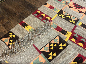 South American Flatweave Rug, Gray, Handmade Vintage Wool Bohemian Blanket