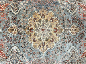 Silk Turkish Rug 5x7, Light Blue Silk Carpet, Floral Medallion, Turkish Kayseri Rug, Vintage Handmade Oriental Rug