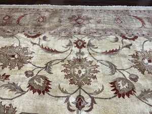 Large Peshawar Rug 11x14, Vintage Beige Chobi Carpet, Allover Floral Design, Hand Knotted, Wool, Room Sized Rug for Living Room Dining Room