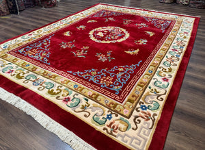 Indo Chinese Wool Rug 9x12, Red Art Deco Carpet, Vintage