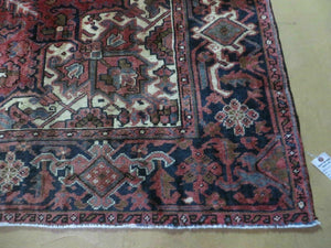 Persian Rug 8x11 Room Sized Heriz Carpet, Hand Knotted Wool Rug, Vintage Semi Antique, Geometric Medallion, Wine Red Cream Dark Blue, Wow