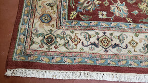 8x12 Indo-Mahal Rug, Floral Allover, Red & Beige, Wool Vintage Handmade Traditional Carpet