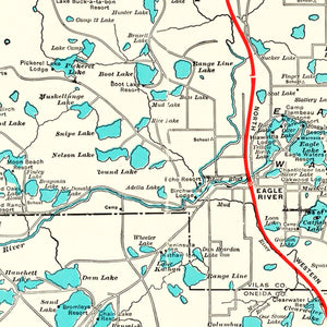 Vintage Map of Wisconsin North Woods Lakes, 1922