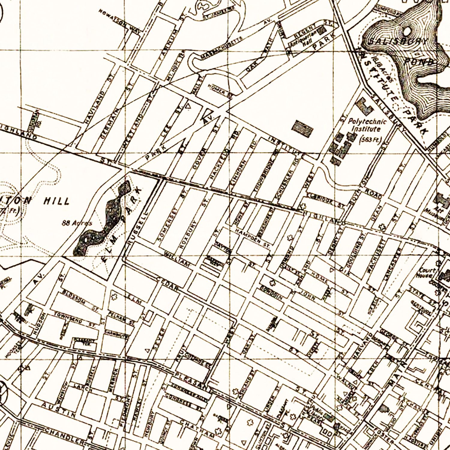 Vintage Map of Worcester, Massachusetts 1919