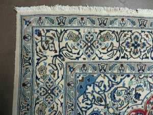 Square Persian Nain Rug 6'3" x 6' 8", Hand-Knotted, Wool with Silk Accents, Ivory Red Blue