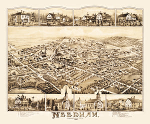 Vintage Map of Needham, Massachusetts 1887