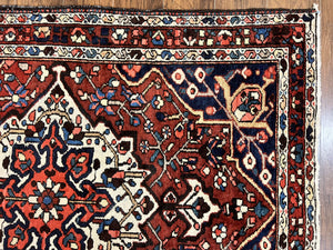 Persian Bakhtiari Rug 5 x 6.6, Tribal Geometric Carpet, Red Ivory, Handmade Wool Medium Sized Oriental Rug, Semi Antique Vintage