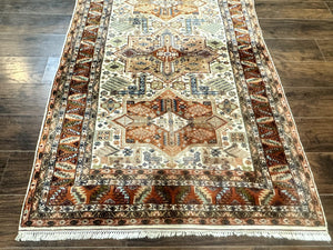 Turkish Kazak Rug 4x6, Geometric Medallions, Vintage Handmade Wool Carpet