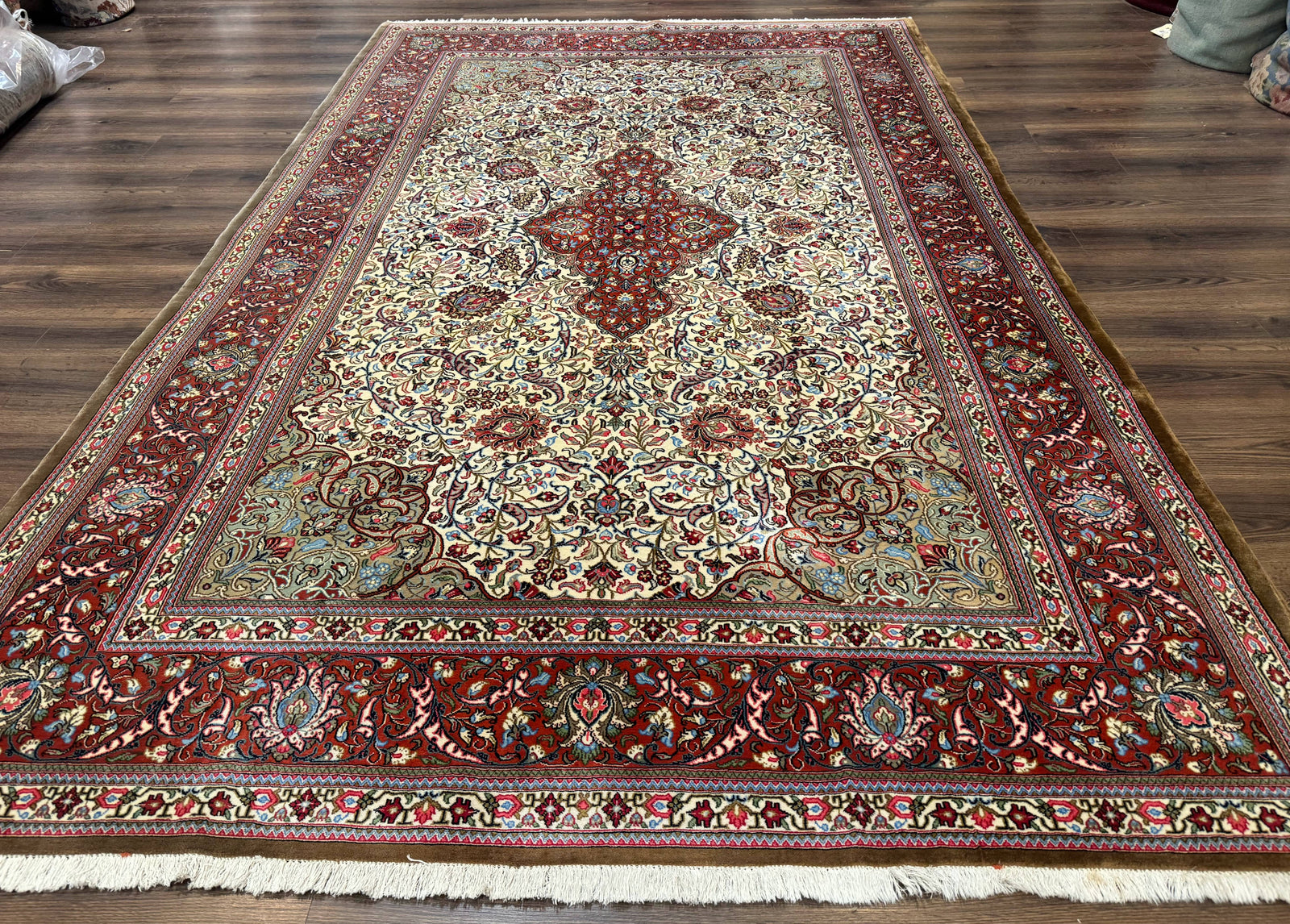 Persian Qum Rug 7x11, Beige and Red, Highly Detailed Floral Pattern, Fine 260 KPSI