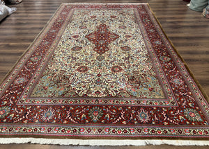 Persian Qum Rug 7x11, Beige and Red, Highly Detailed Floral Pattern, Fine 260 KPSI