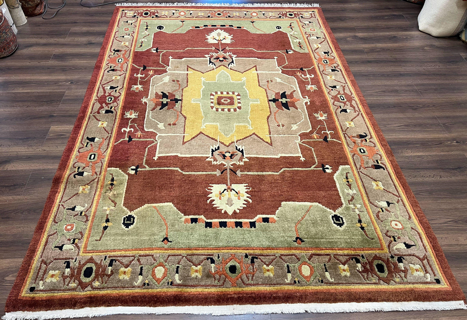 Tibetan Rug 7x10, Geometric Medallion, Red Green Taupe, Hand Knotted, Soft Wool Area Rug, Contemporary Carpet, Handmade Nepali Rug 7 x 10 ft