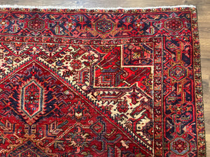 Persian Heriz Rug 7x10, Geometric Pattern, Red Ivory Navy Blue