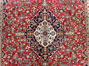 Persian Kashan Rug 10x13, Floral Medallion, Traditional Area Rug, Red Navy Blue Ivory, Handmade Semi Antique Vintage Wool Oriental Carpet 10 x 13