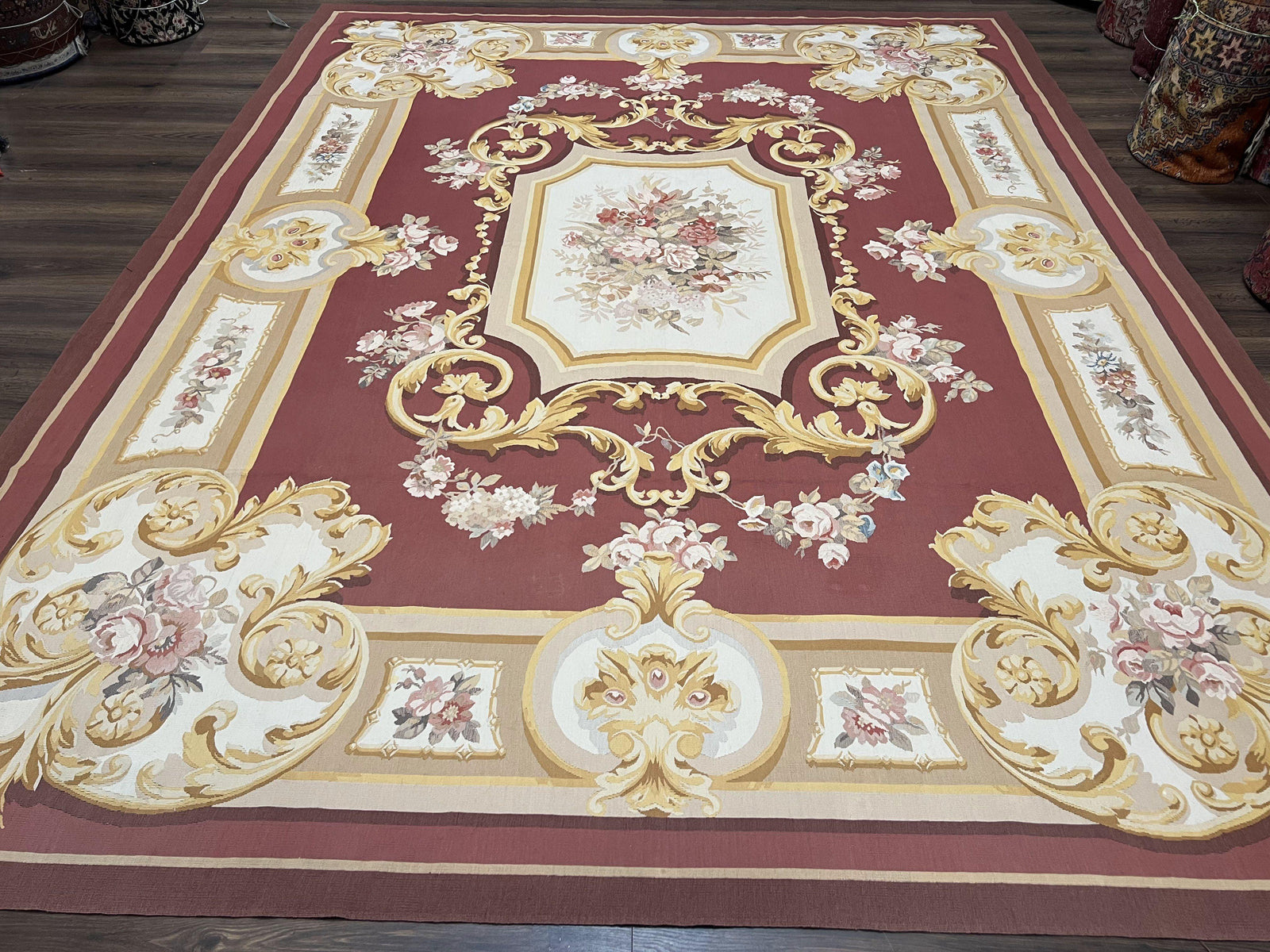 Aubusson Rug 9x12, Red Ivory Gold Tan, Handmade Hand Woven Aubusson Savonnerie Carpet, Vintage Flatweave Room Sized Aubusson Area Rug 9 x 12