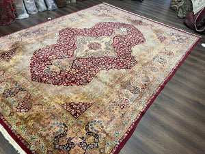 Persian Rug 9x12, Kirman DeLuxe, Millefleur Floral Medallion Carpet, Maroon Light Blue Beige, Semi Antique Authentic Hand Knotted Wool Rug