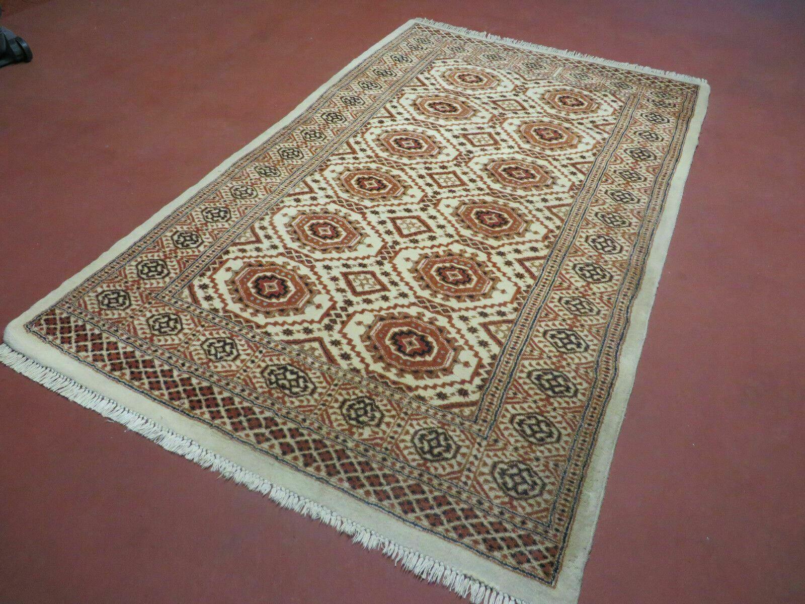 4' X 7' Vintage Handmade Pakistani Turkoman Bokhara Balouch Woven Wool Rug Ivory