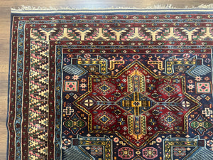 Indian Rug with Caucasian Design, 4x6 Geometric Carpet, Navy Blue and Cream