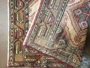 Small Persian Rug 2x3, Hand Knotted Handmade Wool Tribal Geometric Medallion Hamadan Carpet 2 x 3 ft Cream Red Camel Hair Color, Tiny Vintage Carpet