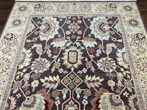 Vintage Indo Mahal Area Rug 6x9, Indian Persian Oriental Carpet 6 x 9, Puce Eggplant Tan Beige Rug, Hand-Knotted, Large Floral Design Wool