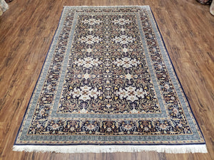 Persian Kashan Rug, Navy Blue, Hand-Knotted, Wool, 4' 8" x 7' 4", Pair A