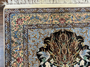 Wonderful Persian Isfahan Rug 3.7 x 5, Kork Wool on Silk Foundation, Very Fine 460 KPSI, Tree of Life Persian Vase Design Animal Pictorials Peacocks