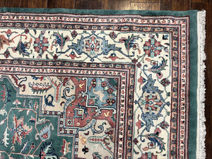 Indo Heriz Rug 9x12, Geometric Oriental Carpet, Room Sized Wool Handmade Hand Knotted Vintage Green and Cream Area Rug, Indian Rug 9 x 12