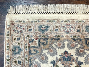 Indo Persian Runner Rug 2.5 x 9.5, Handmade Vintage Wool Rug for Hallway, Floral, Ivory