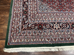 Indo Persian Rug 10x14, Bidjar Rug 10 x 14, Wool Hand Knotted Vintage Carpet, Red & Green Herati Pattern, Large Room Sized Oriental Rug