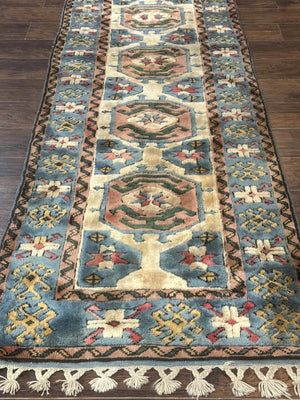 Turkish Kazak Runner Rug 3x11, Cream and Light Blue, Vintage