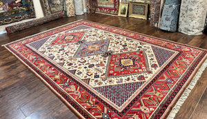 Belgium Power Loomed Rug 8x12, Geometric Medallions Persian Tribal Pattern, Vintage Wool Carpet, Ivory Red Blue