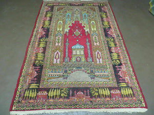 4' X 6' Antique 1920s Handmade Turkish Mehrab Design Wool Rug Lantern Beautiful