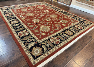 Indian Mahal Rug 8x10, Room Sized Wool Handmade Vintage Carpet, Red and Black, Floral, Flatweave Mahal Sultanabad Rug